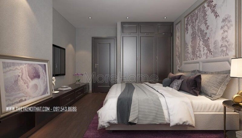 Giường ngủ gỗ tự nhiên có tab đầu giường bằng nỉ cao cấp, gam màu vẫn là gam màu lạnh chủ đạo của căn hộ, mảng tường đầu giường được ốp gỗ và trang trí một mẫu decor độc lạ thu hút. giường gỗ tự nhiên