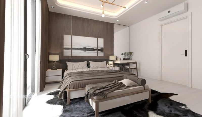 Giường ngủ gỗ óc chó hiện đại kết hợp cùng điểm nhấn tranh canvas trên nền gỗ ốp tạo nên không gian ngủ thư thái, đẹp mắt. giường gỗ tự nhiên