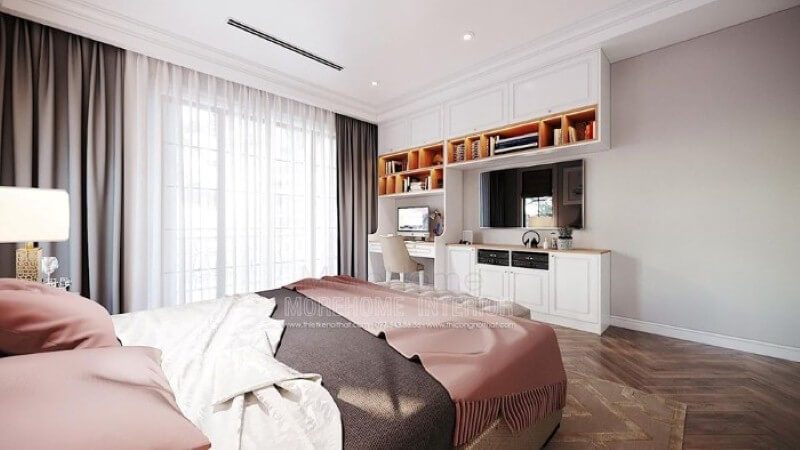 Bàn học liền kệ trang trí, kệ tivi, tủ đựng đồ tạo không gian đẹp, liền mạch, tối giản diện tích nhưng lại đảm bảo công năng hiệu quả cho phòng con.
