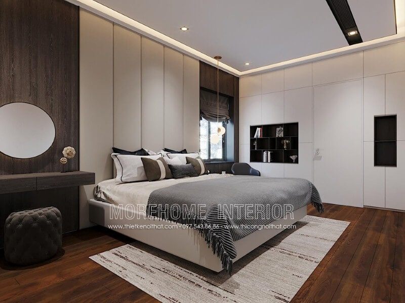 Thiết kế nội thất phòng ngủ màu trắng đẹp ấn tượng với cách phối màu khéo léo.