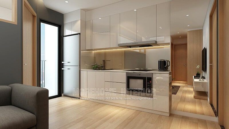 Với không gian bếp hiện đại, bạn nên sử dụng kính ốp bếp để dễ dàng vệ sinh và tạo sự mát mẻ, cao cấp nhất.