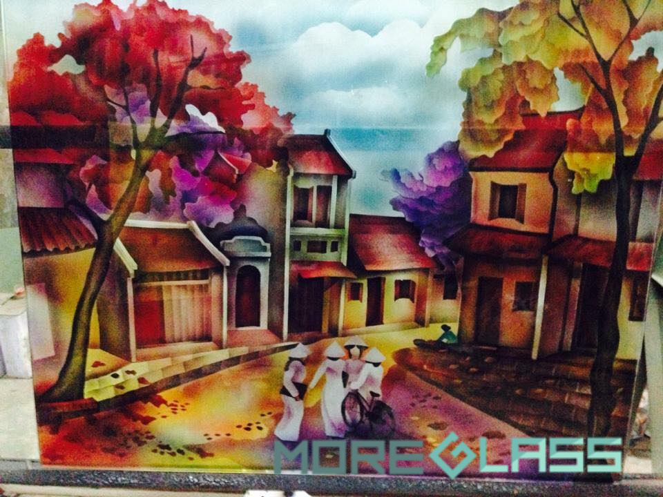 Thi công tranh kính in nghệ thuật phố cổ Hà Nội xưa phong cách sơn dầu, mang lại vẻ đẹp bình dị, mộc mạc mà thân quen cho không gian