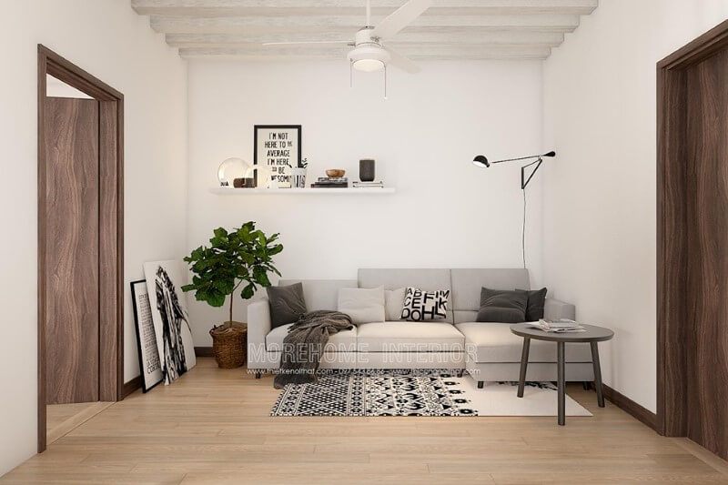 Mẫu sofa góc L hiện đại bọc vải cỏ may đẹp ở khu vực hành lang tầng nhà biệt thự