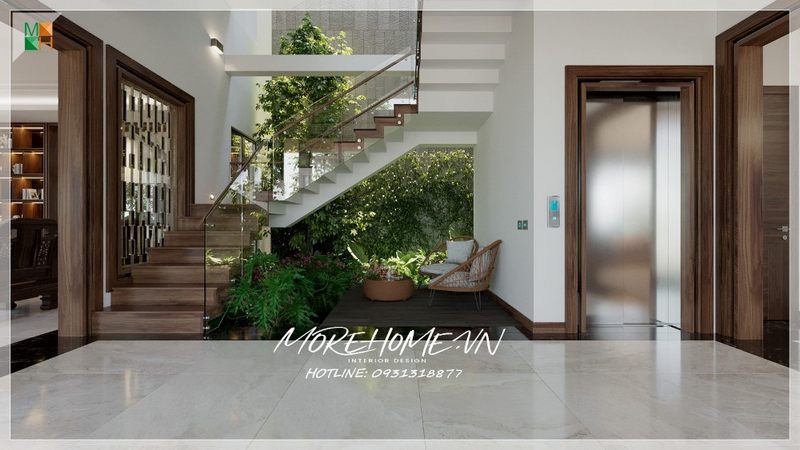 Cầu thang gỗ kính hiện đại thoáng đãng, rộng rãi, sang trọng