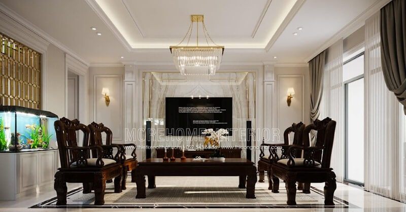Đá đối vân ốp tường đẹp sang trọng tạo vẻ đẹp ấn tượng cho phòng khách biệt thự, nhà phố cao cấp.